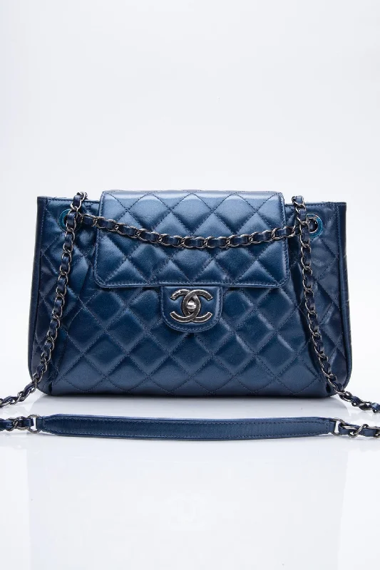 CHANEL Glazed Calfskin Quilted Metallic Dark Blue Shoulder/Crossbody Flap Bag